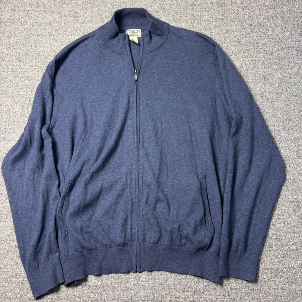 L.L. Bean Cardigan Mens XL Full Zip Blue Heather Cotton Cashmere Blend